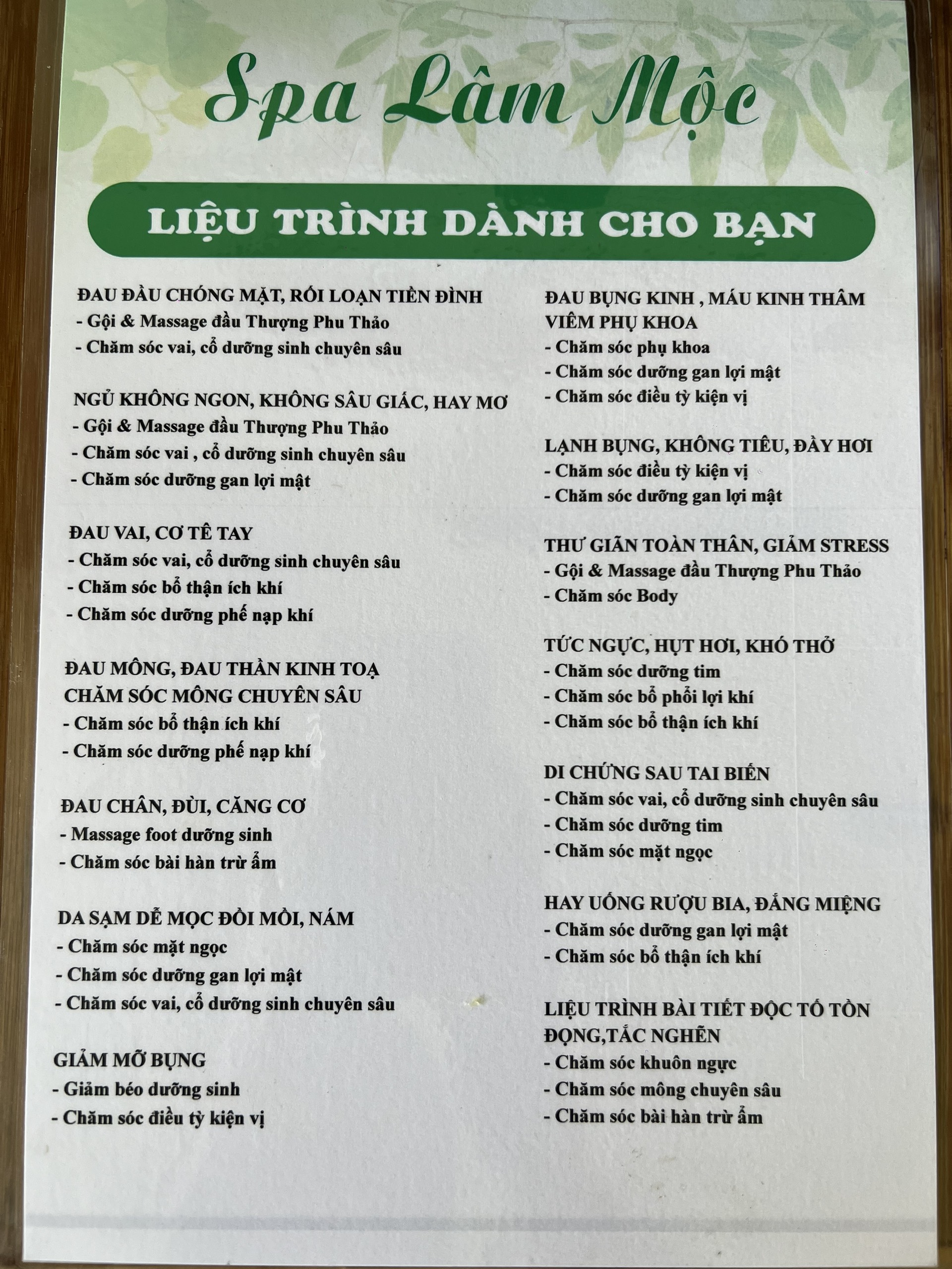 Bảng giá tại Spa Lâm Mộc - Spa Dưỡng Sinh Uy tín Tốt nhất tại Hóc Môn